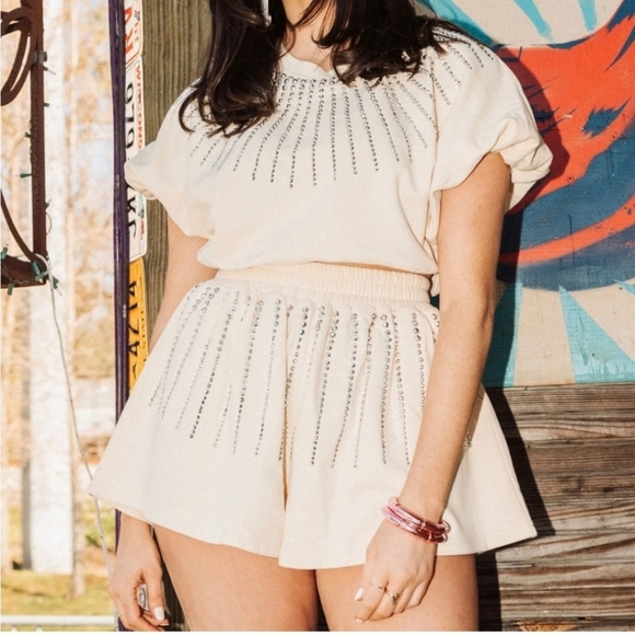 QOS  Beige Rhinestone Burst Bubble Top & Beige Rhinestone Burst Swing Short - Picture 8 of 8